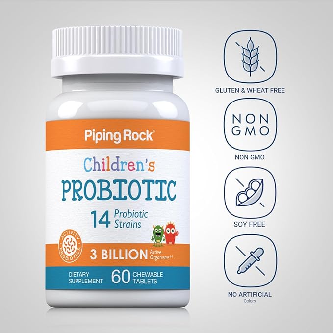 Piping Rock Children's Probiotic Chewable Tablets 14 Strains | 3 Billion CFU | 60 Count | Supplement Blend for Kids | Berry Flavor | Vegetarian, Non-GMO, Gluten Free
