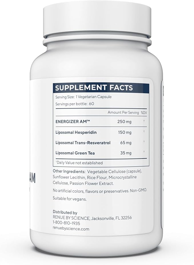 Renue By Science Energizer AM | Liposomal Resveratrol Hesperidin & Green Tea Supplement | 60 Capsules with Trans Resveratrol (65mg) Hesperidin (150mg) Green Tea Extract (35mg) - Non-GMO | Made in USA