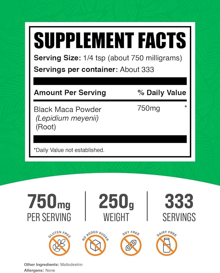 BulkSupplements.com Black Maca Powder - Black Maca Root Supplement, Herbal Supplement for Men & Women - Vegan, Gluten Free, 750mg per Serving, 250g (8.8 oz) (Pack of 1)
