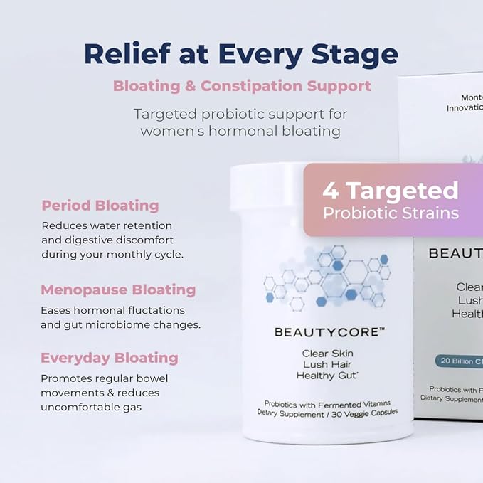 Supplement – Supports Collagen Production, Hair, Skin, Nails - 20B CFU Probiotics - Acid Resistant Veggie Capsule - Gut Health, Microbiome, Fermented Vitamins, Alleviates Bloating