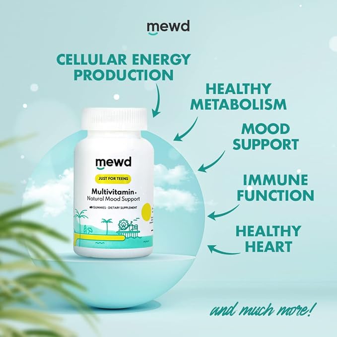 MEWD Teen and Kids Mood Support Multivitamin Gummies - Natural Focus & Calm with L-Theanine, Vitamins A, C, D3, B6, B9 & B12, Plus Zinc & Iron - Vegan Immune Booster, Gluten-Free Brain Health