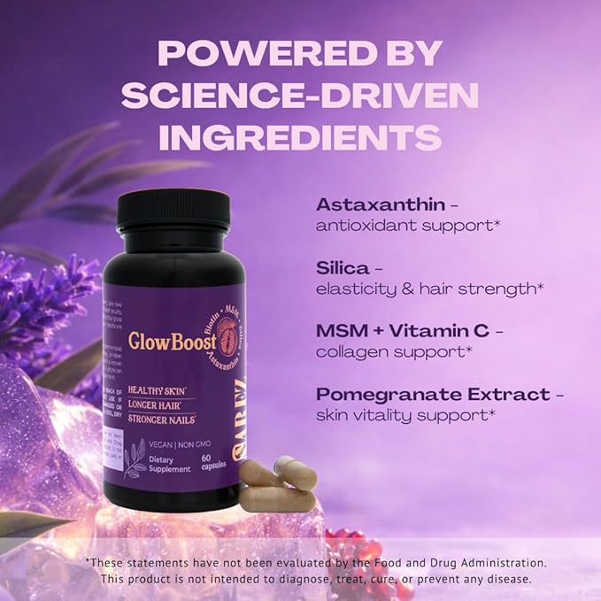 Sarez GlowBoost Collagen Booster — MSM, Bamboo Silica, Astaxanthin, Pomegranate, Biotin & Grape Seed — Supports Collagen Production & Protection, Skin Renewal, Hair & Nail Strength — 30 Day Supply
