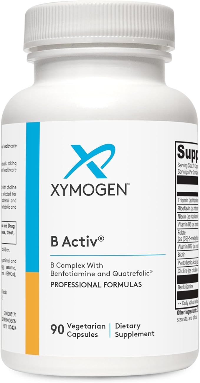 XYMOGEN B Activ Vitamin B Complex with Benfotiamine, Methylfolate, Biotin, Vitamin B6 & B12 (Methylcobalamin b12) - Energy Supplements for Adrenal & Mood Support (90 Capsules)