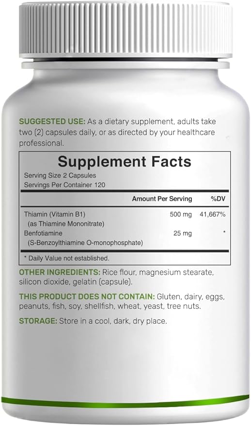 DEAL SUPPLEMENT Vitamin B1 500mg with Benfotiamine, 240 Capsules – 2 in 1 Enhanced Formula – Fat & Water Soluble Thiamine B1 Supplement – Third Party Tested, Non-GMO, No Gluten