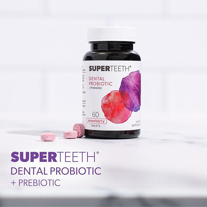 SuperTeeth Oral Probiotics for Mouth Bad Breath & Cavities, Oral Defense Dental Probiotic to Support Healthy Teeth & Gums, Lactobacillus Reuteri Chewable for Kids & Adults, 60 Strawberry Tablets