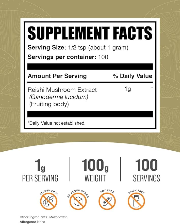 BulkSupplements.com Reishi Mushroom Extract Powder - Reishi Mushroom Powder, Supplement for Overall Well-Being - Gluten Free, 1g per Serving, 100g (3.5 oz) (Pack of 1)