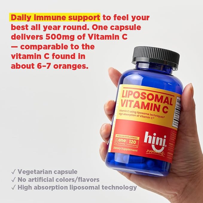 HINI Liposomal Vitamin C 500mg - High Absorption Vitamin C Capsules for Daily Wellness, Organic, 1 per Serving, 120 Capsules