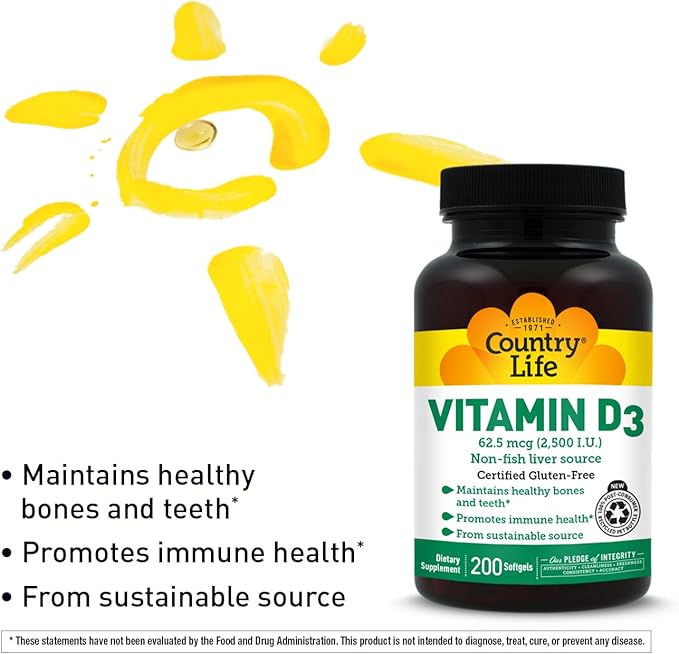 Country Life Vitamin D3 2500 IU – Non-Fish Derived, High Potency Vitamin D3 for Bone Strength, Immune Support & Calcium Absorption – Certified Gluten-Free, 200 Softgels