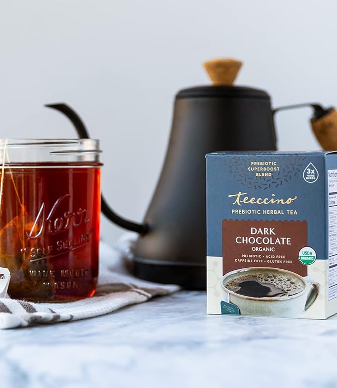 Teeccino Dark Chocolate Prebiotic SuperBoost™ Herbal Tea - Support Your Probiotics with Vegan GOS & Organic XOS For Good Gut Health and Regularity, 25 Tea Bags
