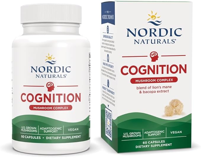Nordic Naturals Cognition Mushroom Complex, Unflavored - 60 Capsules - Brain, Memory & Mood Support - Blend of Lion’s Mane Mushroom & Bacopa Extract - Non-GMO - Certified Vegan - 30 Servings