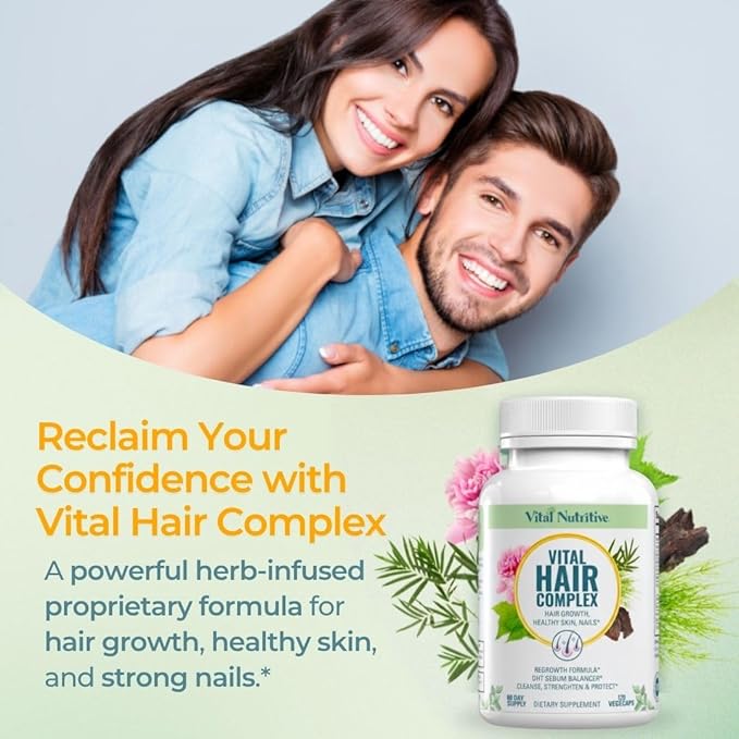 VITAL NUTRITIVE Vital Hair Complex – Biotin & Vitamin B Hair Vitamins for Women & Men – Hair Supplement Supports Healthy Hair, Skin & Nails – Hormone-Free, Gluten-Free – 120 Capsules -60 Days Supply