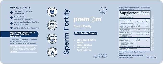 Premom Sperm Fortify – Male Fertility Supplements for Men with KSM-66® Vegan Ashwagandha, CoQ10 as Ubiquinol, Zinc, Selenium&Acetyl-L-carnitine | Supports Sperm Health, Motility & Count