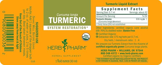 Herb Pharm Certified Organic Turmeric Root Extract for Musculoskeletal System Support - 1 Ounce (DTURM01)