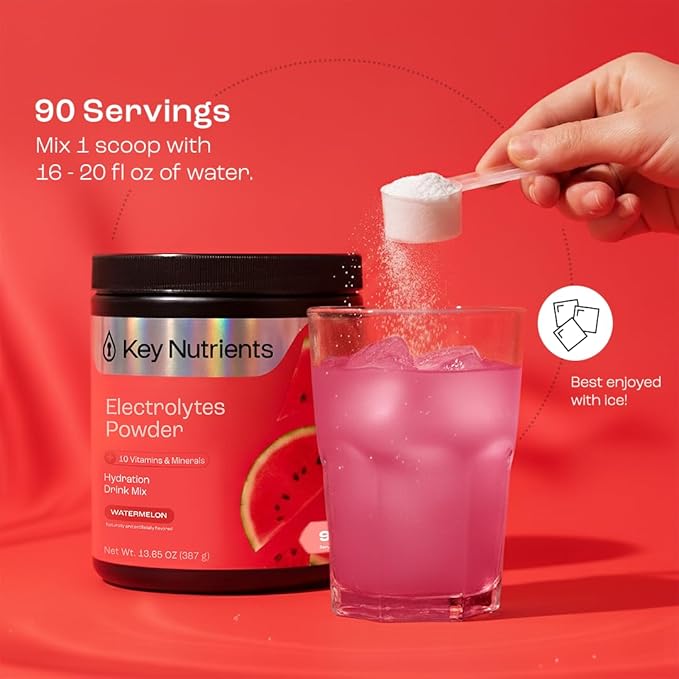 KEY NUTRIENTS Multivitamin Electrolytes Powder No Sugar for Recovery - Refreshing Watermelon Electrolyte Powder - Hydration Powder - No Calories, Gluten Free Electrolytes Powder - 90 Servings