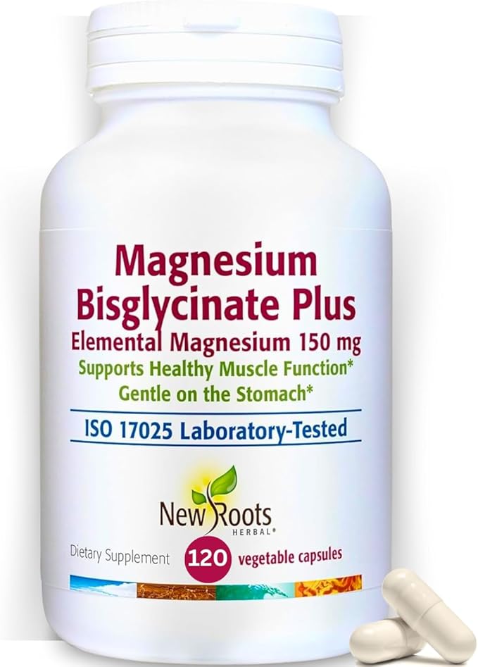 New Roots Herbal Magnesium Bisglycinate Plus, 120 Veggie Capsules 60-Day Supply - 150mg Elemental Magnesium, Supports Active Living, Non-GMO, Gluten-Free, Gentle on Digestion with Superior Absorption