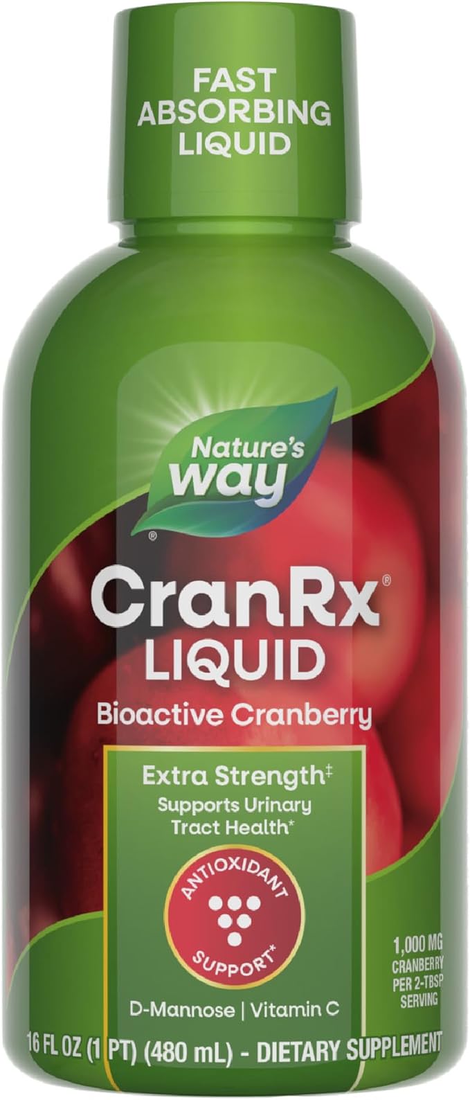 Nature's Way CranRx Extra Strength(1) Liquid, Supports Urinary Tract Health*, 1,000 mg Cranberry per 2-Tbsp Serving, D-Mannose, Vitamin C, Hibiscus, Gluten Free, Vegan, 16 Oz (Packaging May Vary)