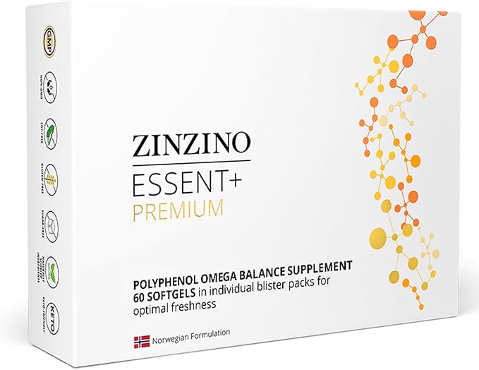 Zinzino - Essent+ Premium, Advanced Polyphenol Omega Balance with Fish Oil, Glycerin, Cold-Pressed Extra Virgin Olive Oil, Vitamin D - 60 Softgels
