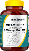 Vitamin B12 2,000 mcg Extra Strength – Energy, Focus & Nervous System Support – Cyanocobalamin Form – 180 Vegan Capsules, 180 Servings
