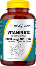Vitamin B12 2,000 mcg Extra Strength – Energy, Focus & Nervous System Support – Cyanocobalamin Form – 180 Vegan Capsules, 180 Servings