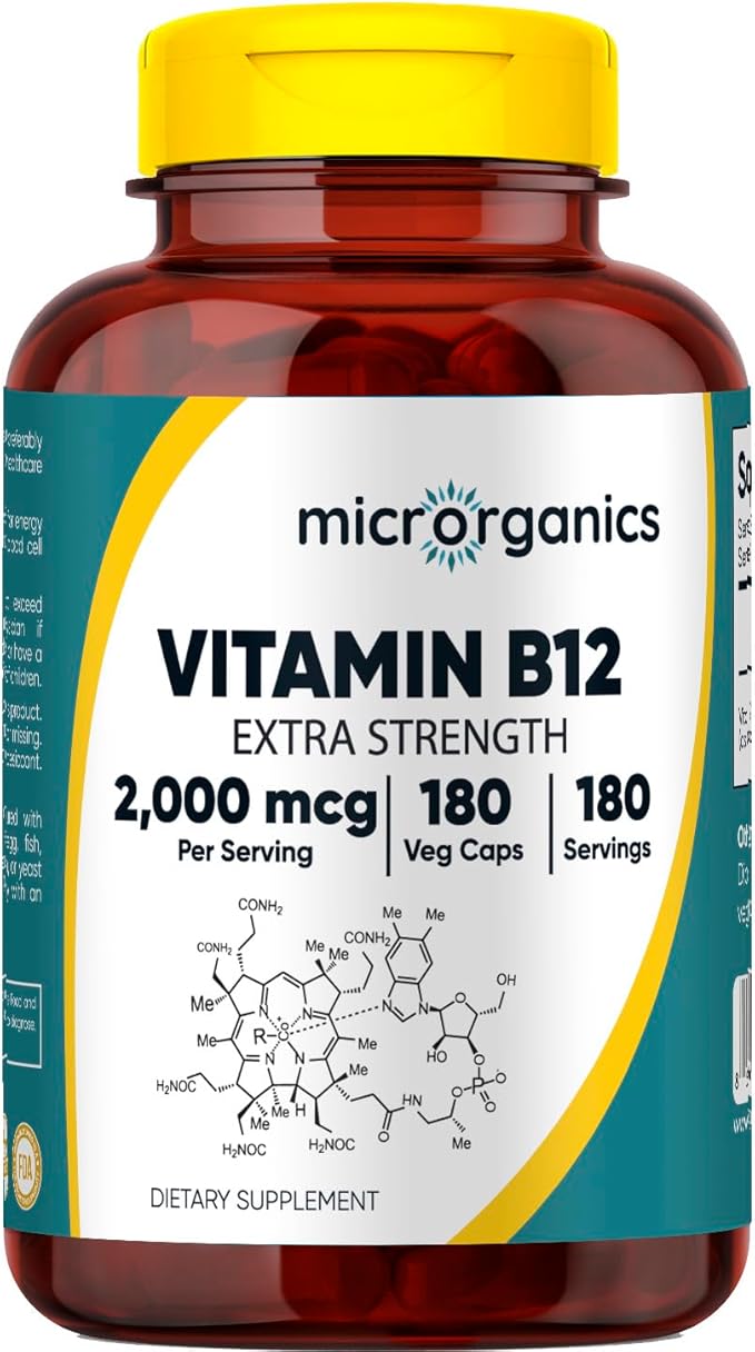 Vitamin B12 2,000 mcg Extra Strength – Energy, Focus & Nervous System Support – Cyanocobalamin Form – 180 Vegan Capsules, 180 Servings