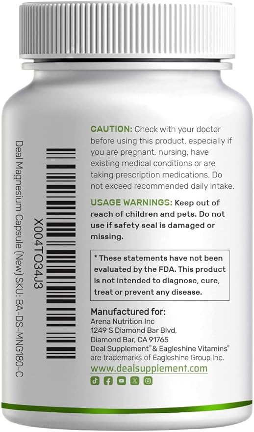 Deal Supplement Magnesium Glycinate 500mg, 240 Veggie Capsules | 100% Chelated for Easy Absorption | Essential Mineral Supplement | Non-GMO, Gluten-Free