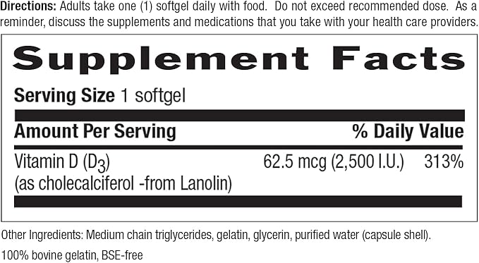 Country Life Vitamin D3 2500 IU – Non-Fish Derived, High Potency Vitamin D3 for Bone Strength, Immune Support & Calcium Absorption – Certified Gluten-Free, 200 Softgels