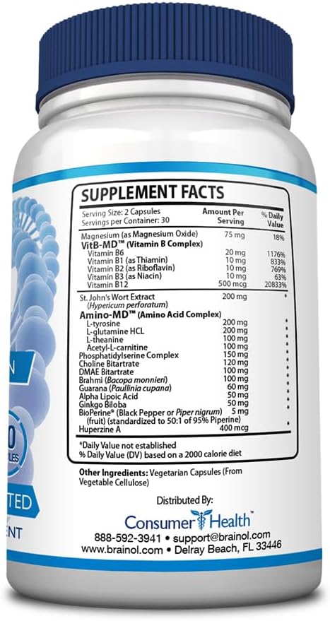 Fungavir Brainol - Targeted Brain Support Supplement - B Vitamins, Magnesium, Amino Acids, St. John's Wort, Phosphatidylserine, Ginkgo Biloba - Vegan-Friendly - 60 Capsules - 1 Month Supply