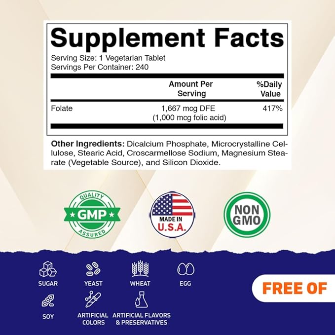Vitamatic Folic Acid 1000 mcg (1 mg) - Vegetarian Tablets - 1667 mcg DFE - Vitamin B9 (240 Count (Pack of 3))