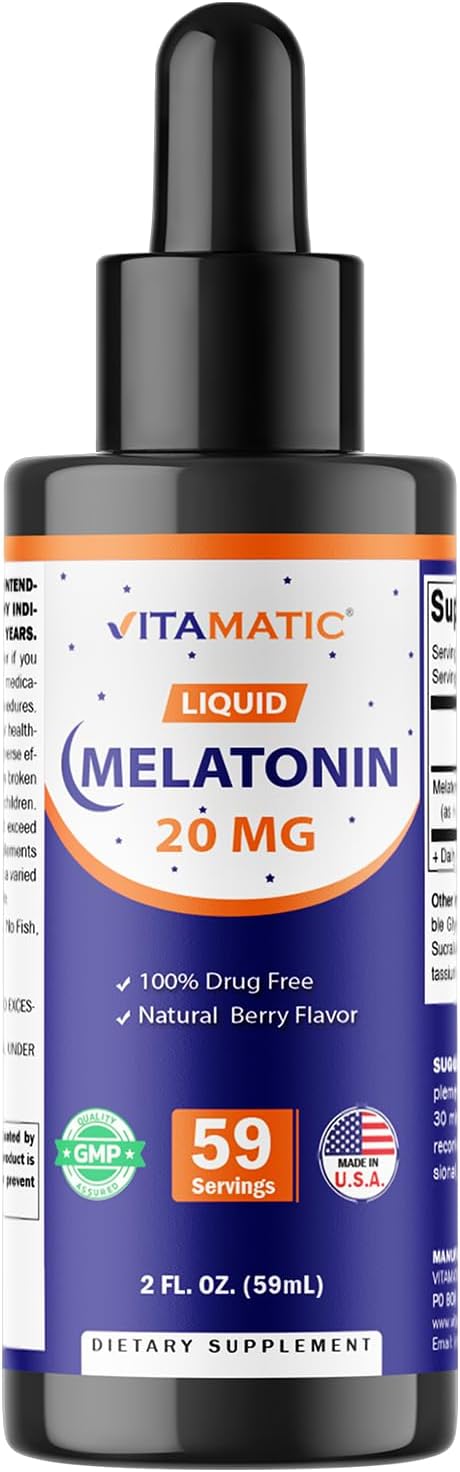 Vitamatic Melatonin 20mg Liquid Drops – 2 Fluid Ounce (59ml) – Natural Berry Flavor – for Adults – Non-GMO – Vegetarian Supplement