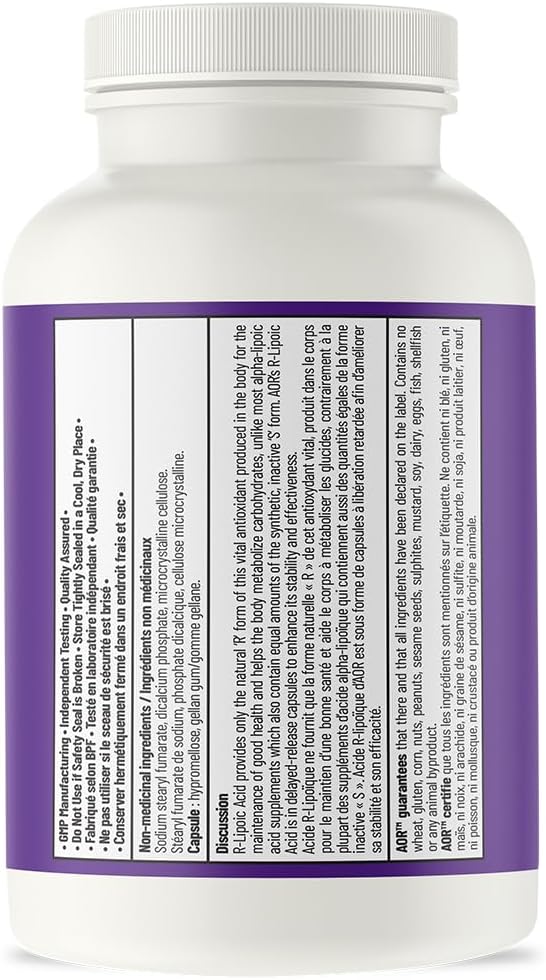 AOR R Alpha Lipoic Acid 150mg, 90 Vegan DR Capsules, 30-Day Supply – Pure R-Lipoic Acid Formula for Antioxidant Activity, Carbohydrate Metabolism & Everyday Digestive Balance – Non-GMO, Gluten-Free