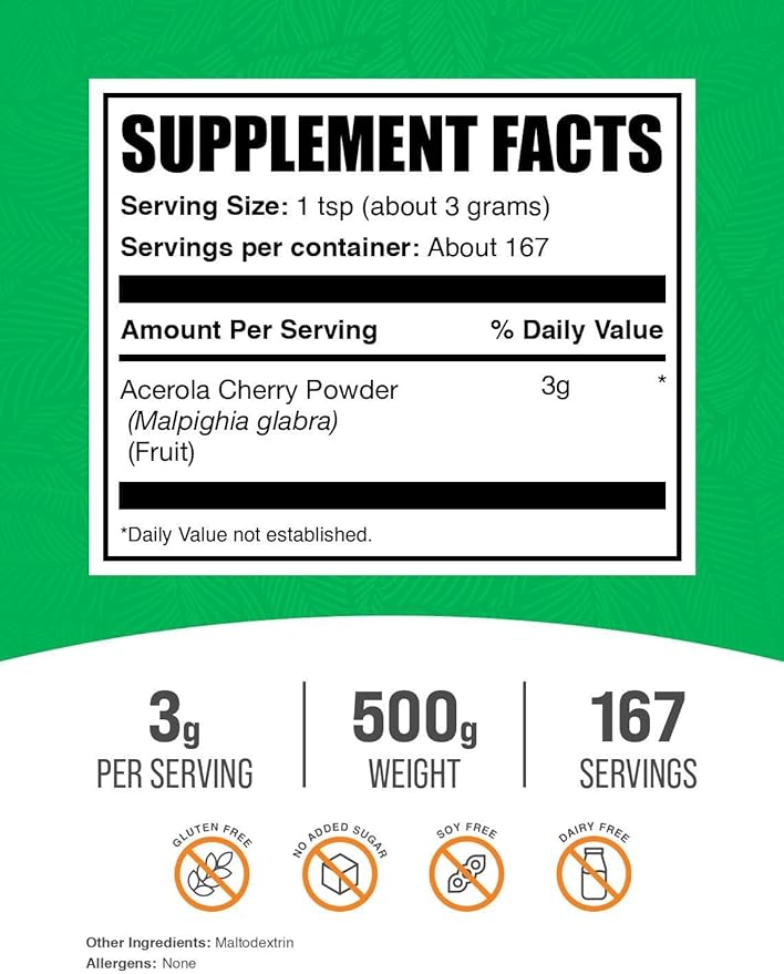 BulkSupplements.com Acerola Cherry Powder - Fruit Powder, Acerola Cherry Supplement, Vitamin C Supplement - Gluten Free, 3g per Serving, 500g (1.1 lbs) (Pack of 1)