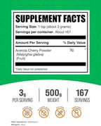 BulkSupplements.com Acerola Cherry Powder - Fruit Powder, Acerola Cherry Supplement, Vitamin C Supplement - Gluten Free, 3g per Serving, 500g (1.1 lbs) (Pack of 1)