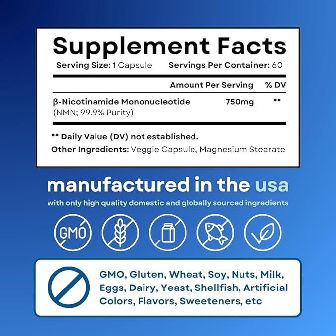 NMN 750mg Per Capsule - 99% Pure Nicotinamide Mononucleotide - Increased NAD+, Mitochondrial Function, Healthy Aging, Brain Health & Energy Support - 60 Capsules, Non GMO, Gluten Free Supplement