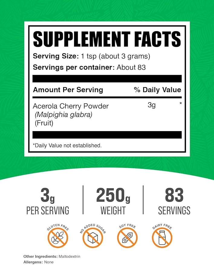 BulkSupplements.com Acerola Cherry Powder - Fruit Powder, Acerola Cherry Supplement, Vitamin C Supplement - Gluten Free, 3g per Serving, 250g (8.8 oz) (Pack of 1)