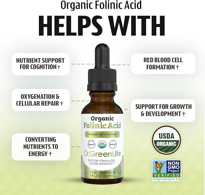 Dr. Green Mom USDA Organic Folinic Acid Drops - 500 mcg per Drop | Methylation Support B9 Supplements for Kids & Adults | Supports Neurological Function, Nervous System Health & DNA Synthesis