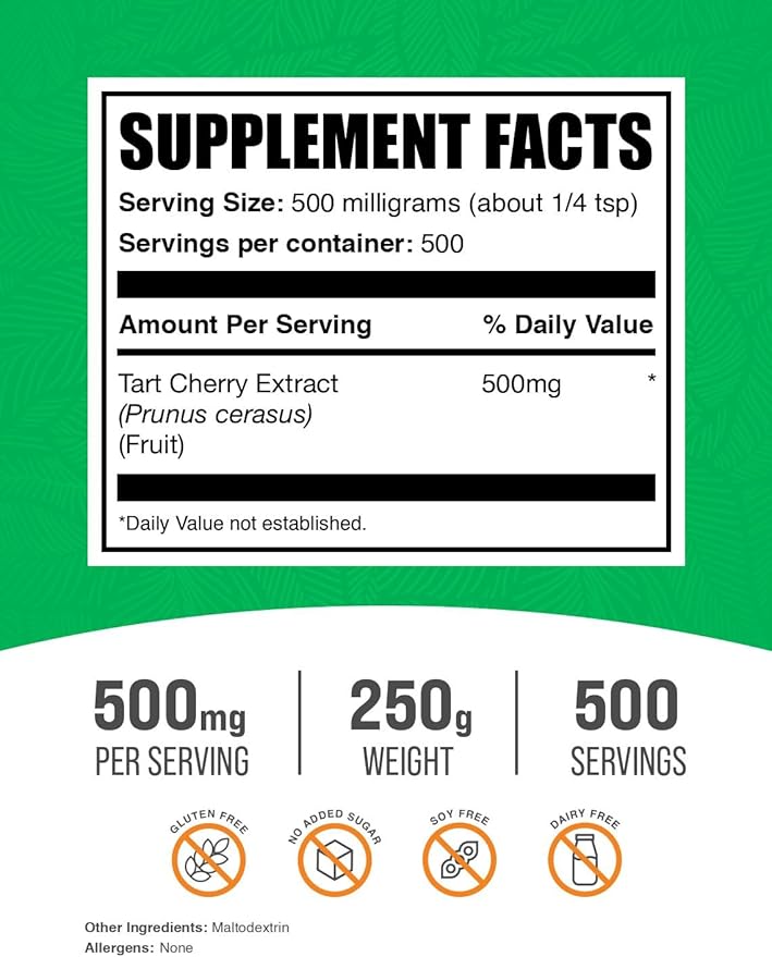 BulkSupplements.com Tart Cherry Extract Powder - Tart Cherry Supplement, Herbal Supplement - Antioxidant Source, Gluten Free, 500mg per Serving, 250g (8.8 oz) (Pack of 1)