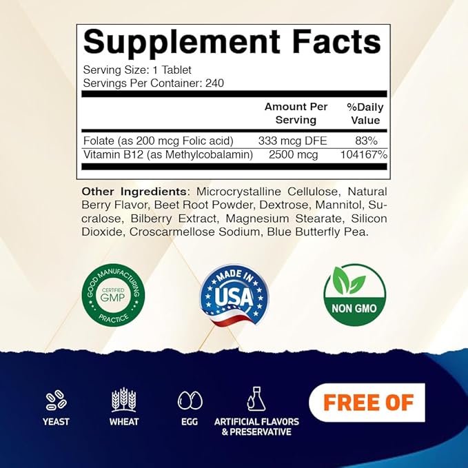 Vitamatic Methyl B12 2500 mcg with Folic Acid – Natural Berry Flavor – 240 Fast Dissolve Tablets – Methylcobalamin Vitamin B12 for Energy & Nervous System Support – Vegan & Non-GMO Supplement