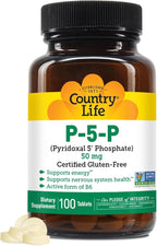 Country Life P-5-P Vitamin B6 – Bioavailable Pyridoxal-5-Phosphate Supplement for Energy, Nervous System Support, and Red Blood Cell Growth – Certified Gluten Free, Vegan, Non-GMO – 100 Capsules