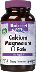 Bluebonnet Calcium Magnesium 250 mg 1:1 Ratio Daily Bone Health Vegan Calcium Supplements for Women & Men - Non-GMO, Kosher, Gluten-Free, Soy-Free, Dairy-Free Bone Supplement - 180 Vegetable Capsules