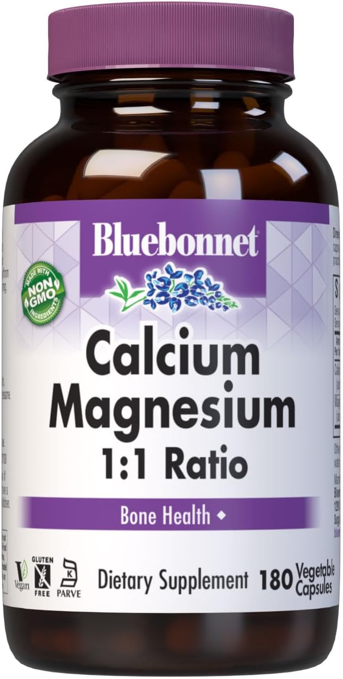 Bluebonnet Calcium Magnesium 250 mg 1:1 Ratio Daily Bone Health Vegan Calcium Supplements for Women & Men - Non-GMO, Kosher, Gluten-Free, Soy-Free, Dairy-Free Bone Supplement - 180 Vegetable Capsules
