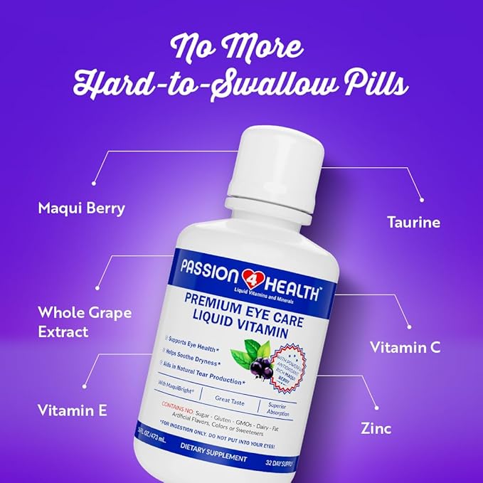 Passion 4 Health Liquid Eye Vitamins - Natural Vision & Adult Eye Care Supplement - Premium Support with Maqui Berry Extract, Gluten-Free, Non-GMO, No Sugar - 30-Day Supply, Made in USA