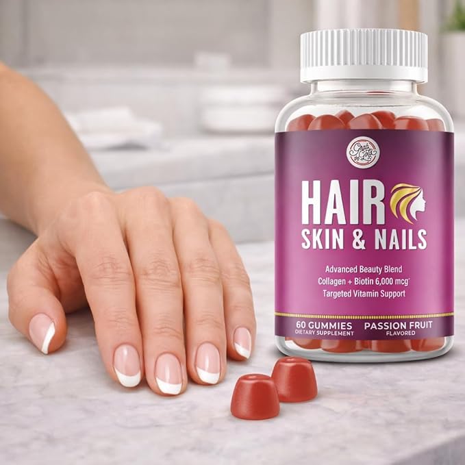 Grab The Gold Hair Skin & Nails Vitamins for Women | Gummies with 6000mcg Biotin & Collagen | 10 Essential Vitamin & Minerals | Gluten-Free, Non-GMO, Passion Fruit Flavor | 1 Month Supply, Made in USA