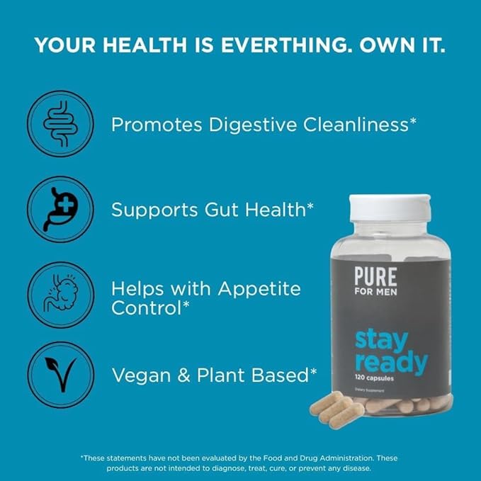 Pure for Men Original Vegan Cleanliness Stay Ready Fiber Supplement | Helps Promote Digestive Regularity | Psyllium Husk, Aloe Vera, Chia Seeds, Flaxseeds | Proprietary Formula | 120 Vegan Capsules