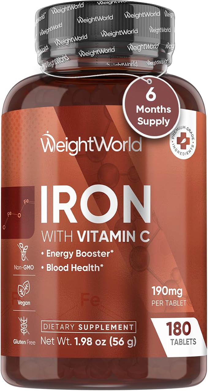 WeightWorld Iron Supplement 65mg - with Vitamin C 125mg - 180 Tablets (6 Months Supply) - Gentle Carbonyl Iron Supplement for Women & Men - Energy Booster & Blood Heath - Vegan, Non-GMO & Gluten-Free