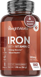 WeightWorld Iron Supplement 65mg - with Vitamin C 125mg - 180 Tablets (6 Months Supply) - Gentle Carbonyl Iron Supplement for Women & Men - Energy Booster & Blood Heath - Vegan, Non-GMO & Gluten-Free
