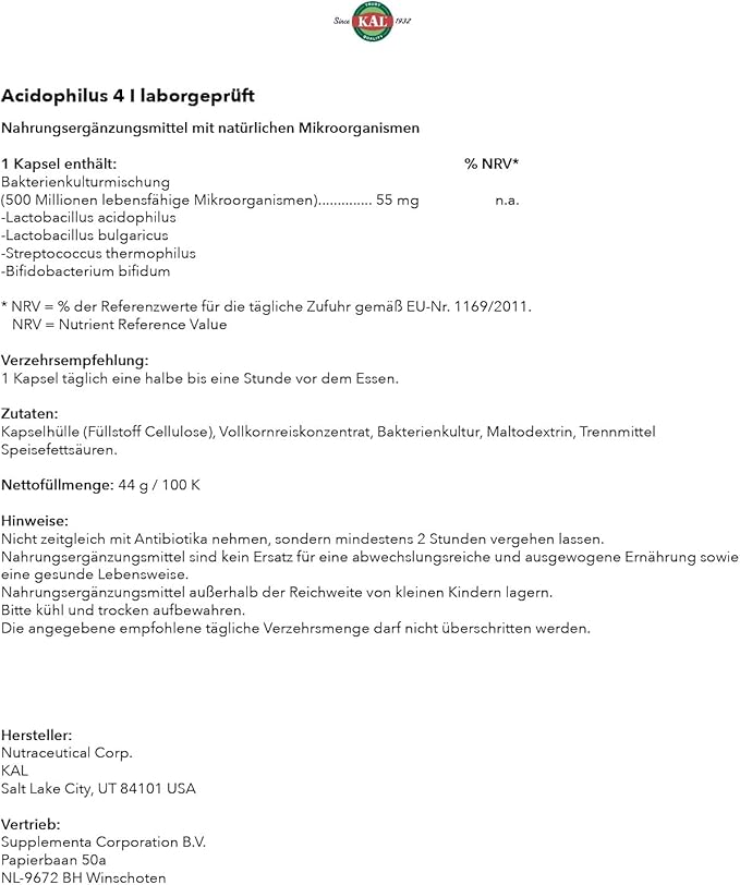 KAL Acidophilus ProBiotic-4, 500 Million CFUs, Four Probiotic Strains, Probiotics for Women and Men, Freeze Dried, L. acidophilus, L. bulgaricus, S. thermophilus, B. bifidum, 100 Servings, 100 VegCaps