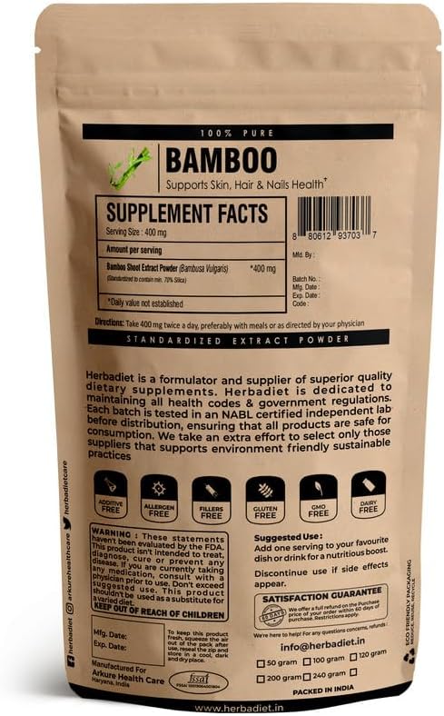 Herbadiet Bamboo Extract Powder | Supports Healthy Skin, Hair & Nails | Natural Hair Supplement with 70% Silica (50 gram / 1.76 oz)