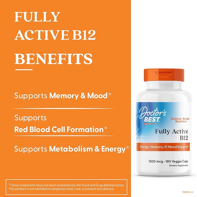 Doctor's Best Vitamin B12 Methylcobalamin for Men & Women - Vitamin B 12 Caps 1500 mcg, VIT B-12 Supplement, Vegan, Gluten Free, Non GMO, Fully Active - 180 Veg Capsules