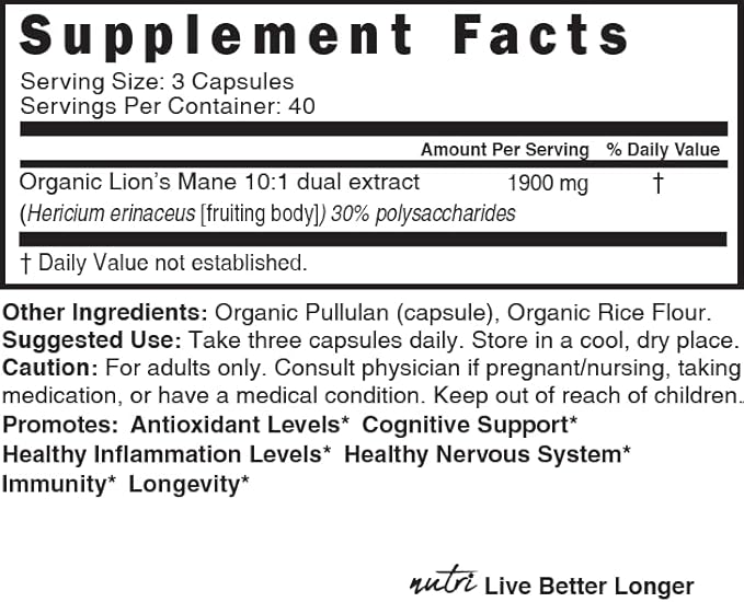 Nutri Organic Lions Mane Supplement Capsules - 1900 mg, 10:1 Dual Extraction, 120 Count - Certified Organic Mushroom Extract (Fruiting Body) - Third Party Tested - Cognitive Support, Heart Health
