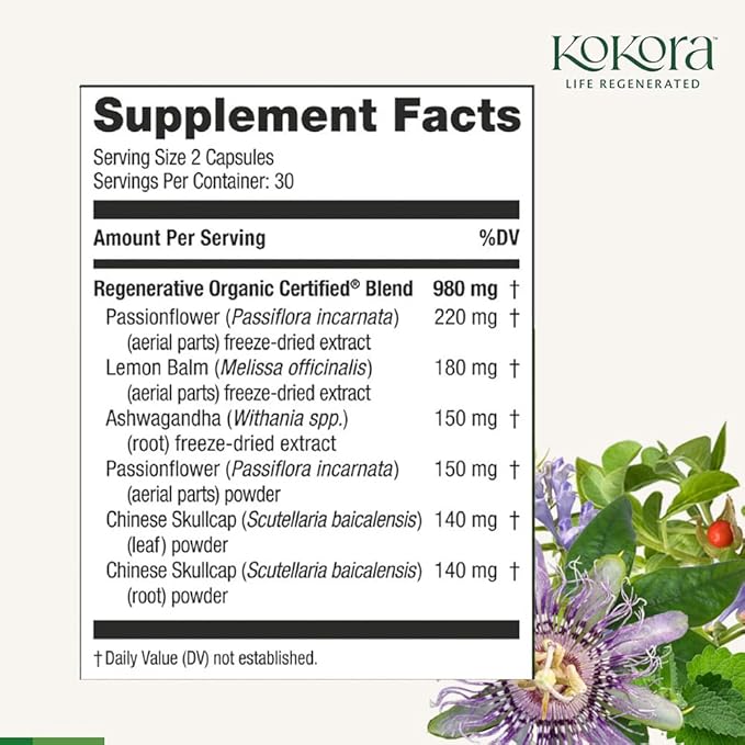 Regenerative Sleep - Regenerative Organic Certified - Supports Restful, Quality Sleep, Relaxation* - Adaptogen Blend w/Lemon Balm & Passionflower - Vegan & Non-GMO - 60 Capsules - 30 Servings